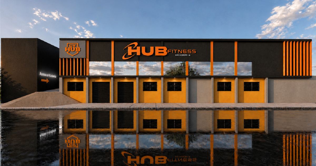 Projeto da fachada do CT Hub Fitness ao entardecer
