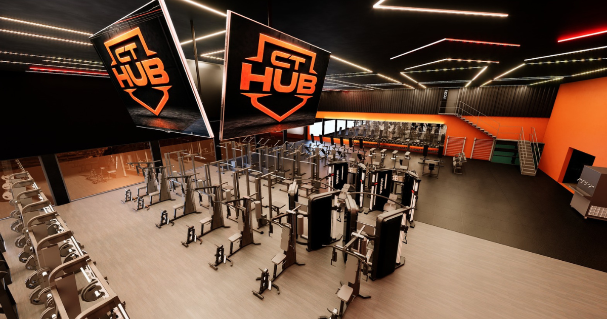Projeto do salão principal de musculação do CT Hub Fitness